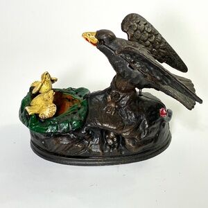 1883 Eagle and Eaglets Cast Iron Mechanical Bank circa 1950's Book of Knowledge
